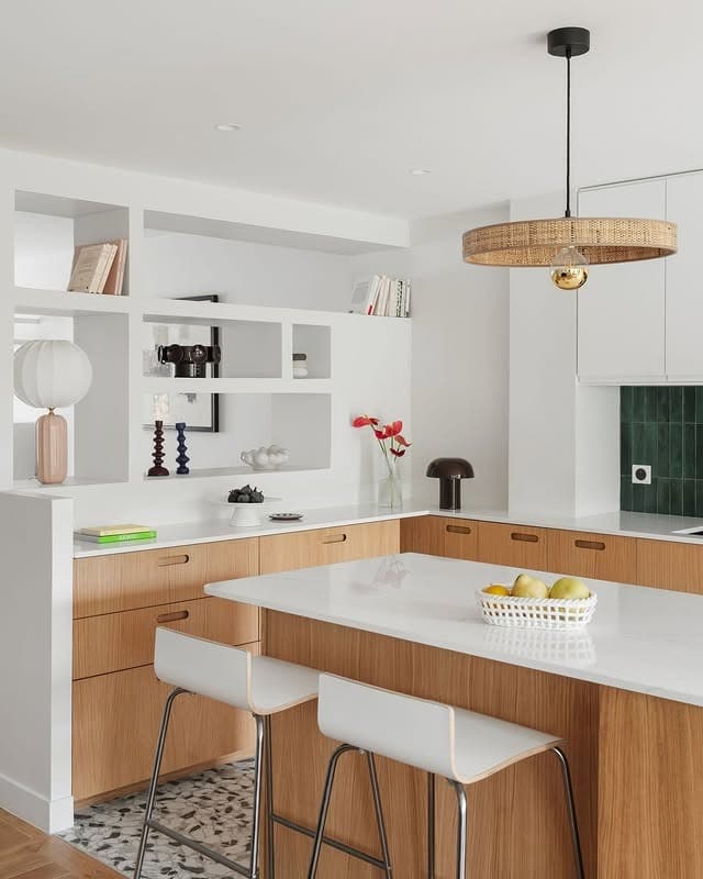 4. Modern Oak Kitchen with White and Soft Green Details - oak cabinets kitchen ideas