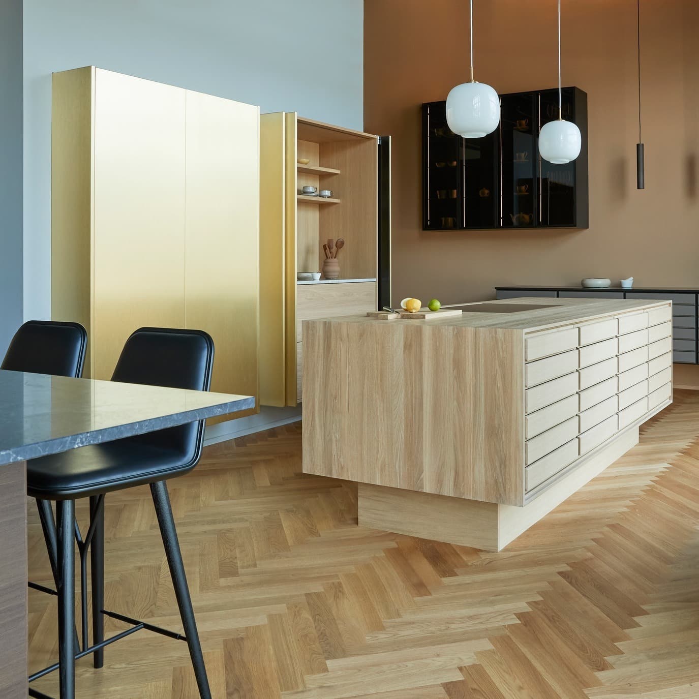 9. Modern Oak Kitchen with Integrated Storage and Neutral Finishes - oak cabinets kitchen ideas