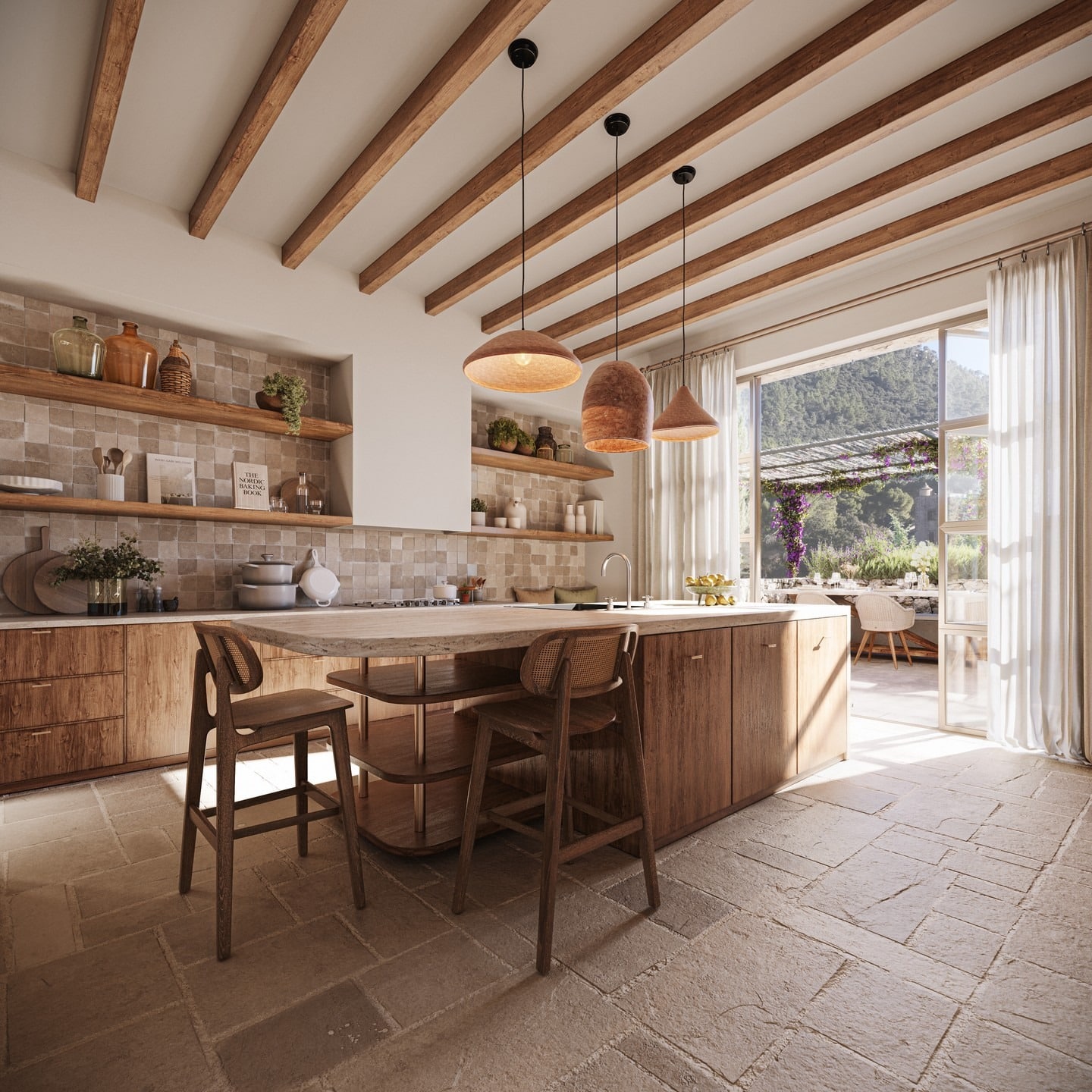 10. Rustic Oak Kitchen with Warm Beige and Natural Stone Elements - oak cabinets kitchen ideas