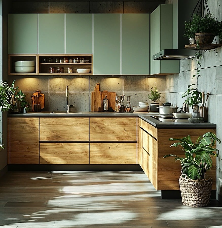 13. Contemporary Oak Kitchen with Sage Green and Concrete Textures - oak cabinets kitchen ideas