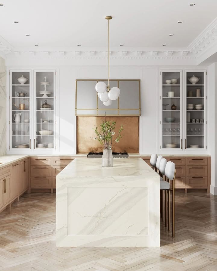 17. Classic White and Oak Kitchen with Soft Black Hardware - oak cabinets kitchen ideas