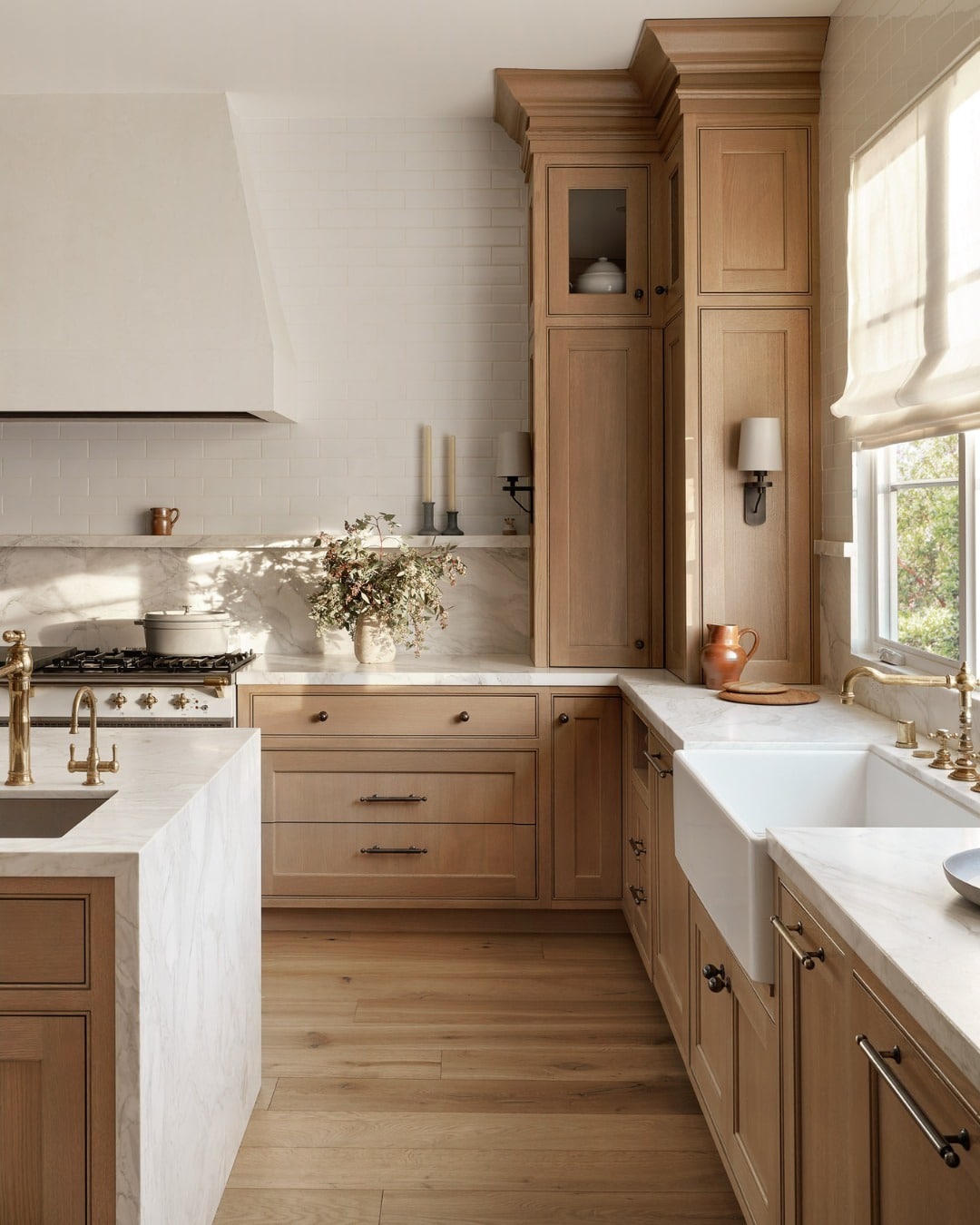 18. Traditional Oak Kitchen with Marble and Aged Brass Details - oak cabinets kitchen ideas