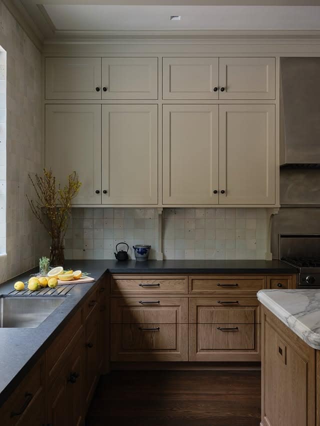 19. Neutral Oak Kitchen with Cream Cabinetry and Dark Counters - oak cabinets kitchen ideas