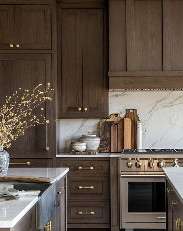 21. Deep Oak Kitchen with Marble Surfaces and Brass Hardware - oak cabinets kitchen ideas