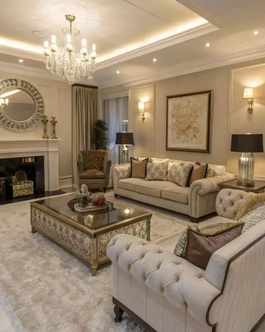 3. Classic Glam Living Room in Beige and Antique Gold - vintage living room ideas