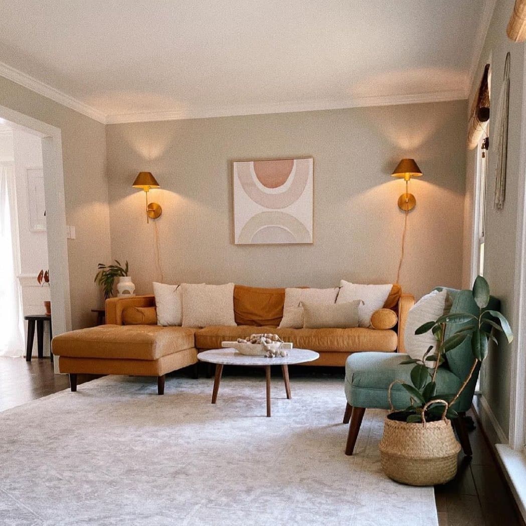 6. Mid-Century Inspired Living Room in Camel and Soft Green - vintage living room ideas