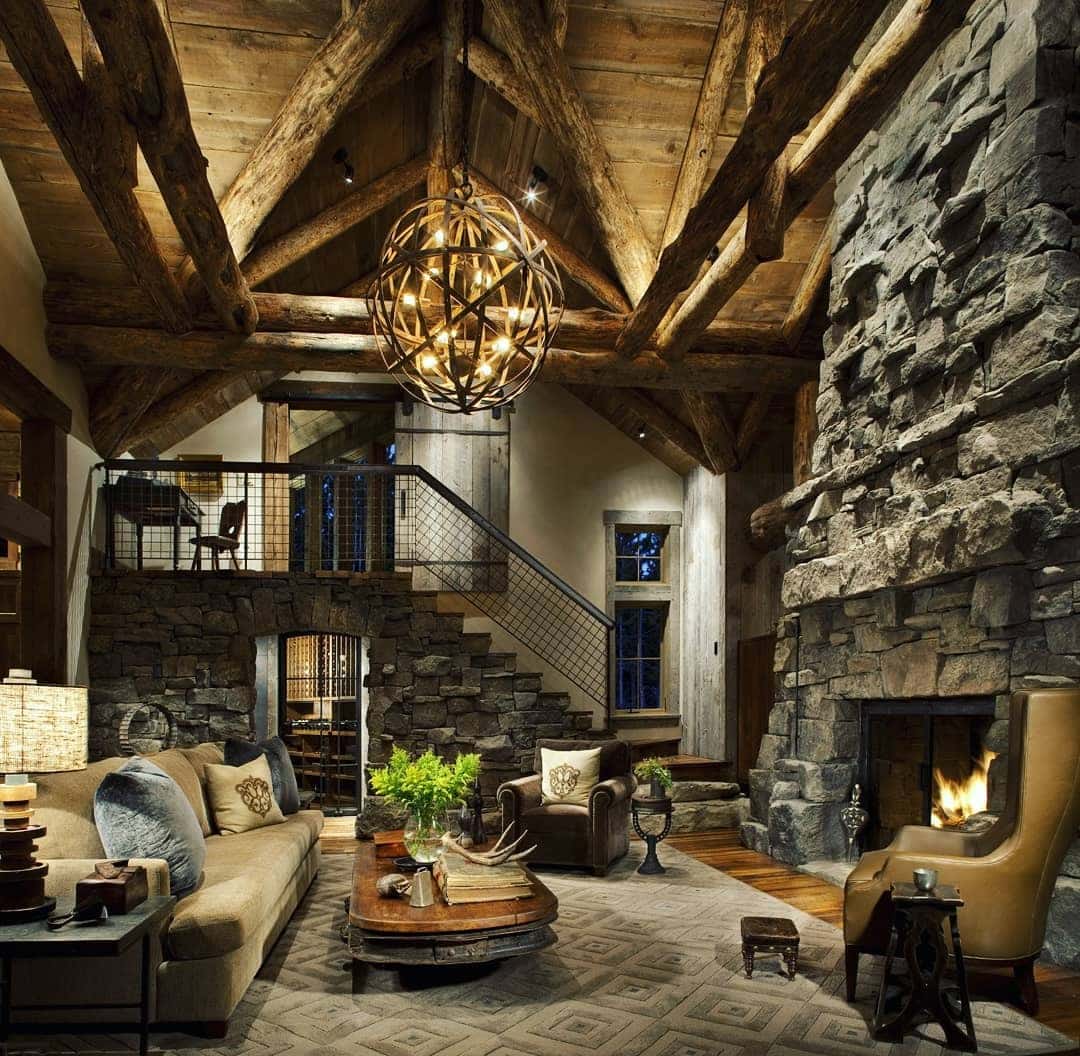 7. Rustic Lodge Living Room in Deep Browns and Natural Wood - vintage living room ideas