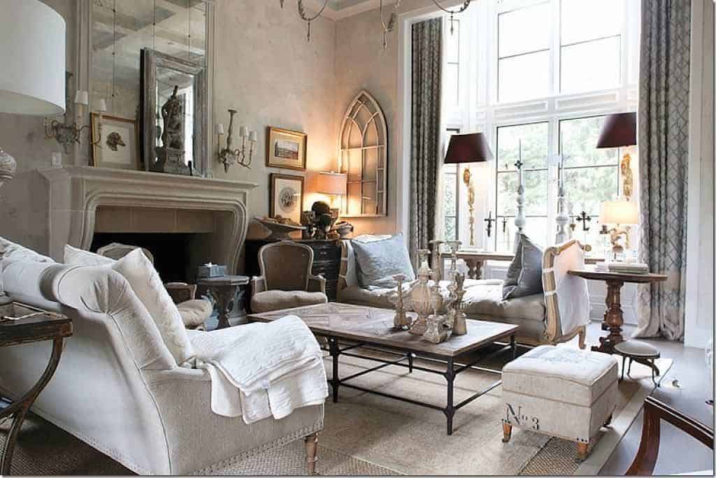 11. French-Inspired Vintage Living Room in Soft Stone and Linen - vintage living room ideas