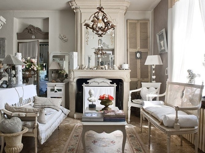 14. European Antiques Living Room in Ivory and Weathered Wood - vintage living room ideas