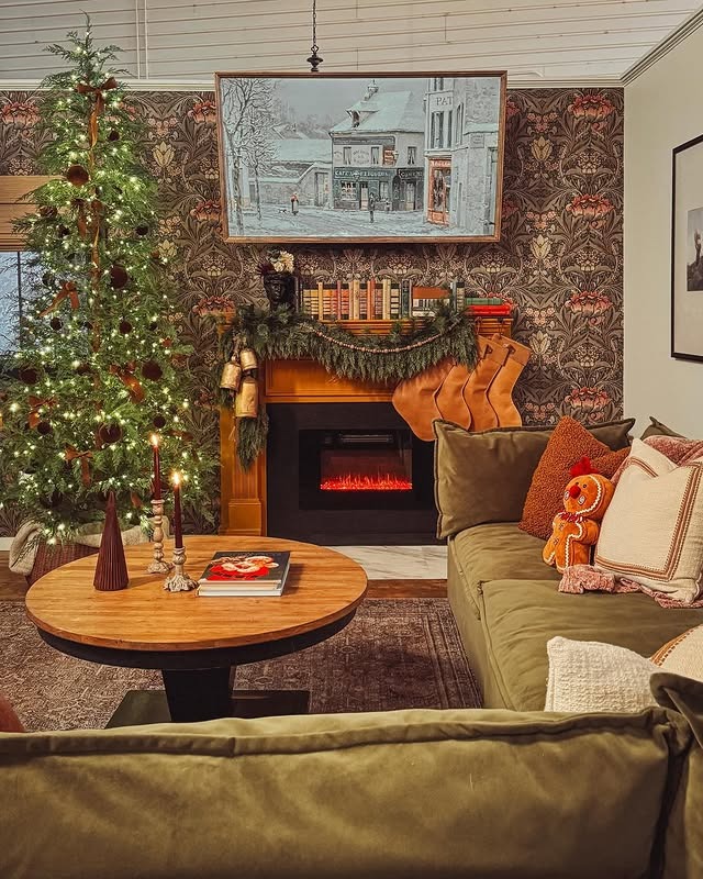 16. Traditional Holiday Living Room in Forest Green and Warm Wood - vintage living room ideas