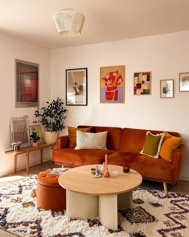 17. Mid-Century Modern Vintage Living Room in Rust and Cream - vintage living room ideas