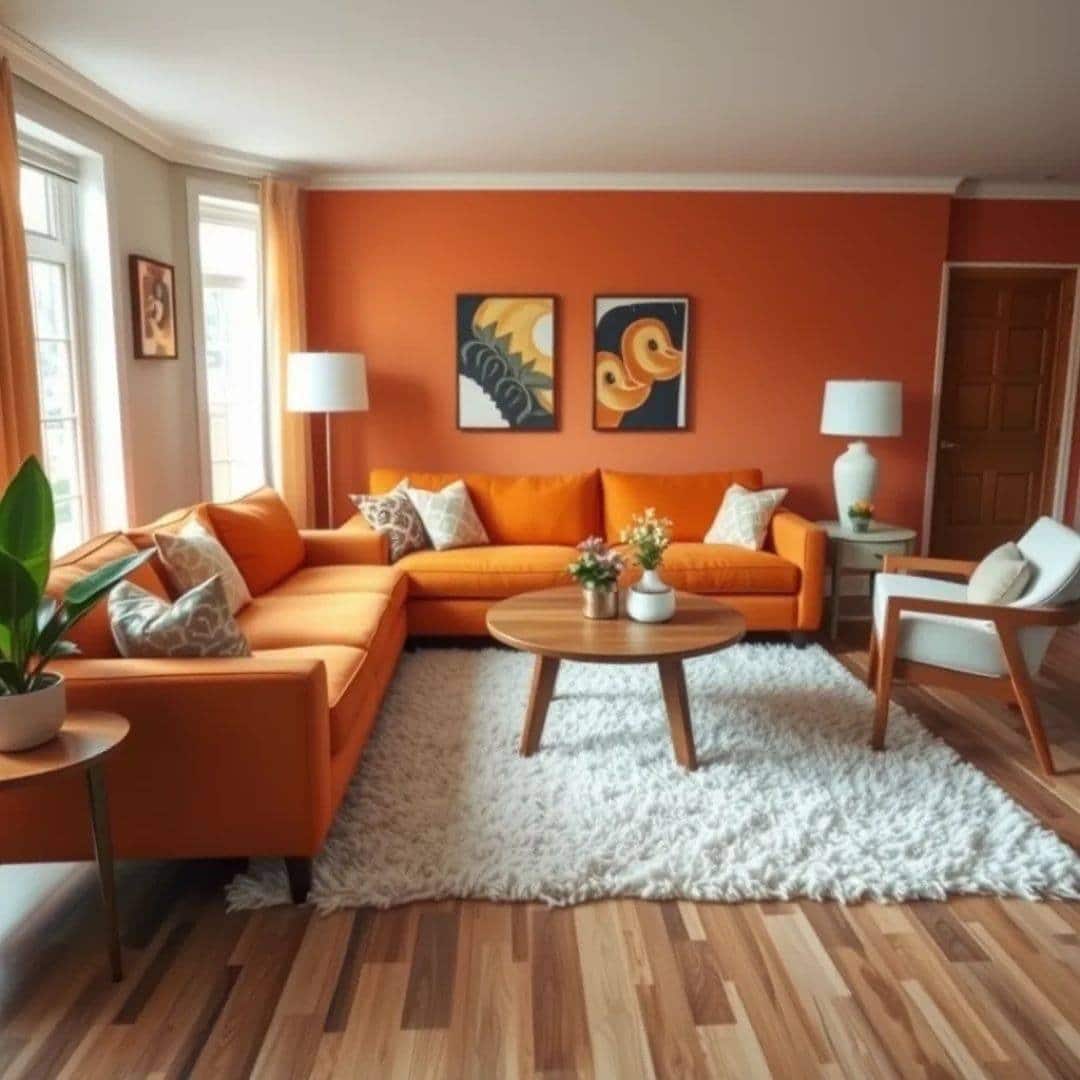19. Retro Statement Living Room in Bold Orange and White - vintage living room ideas