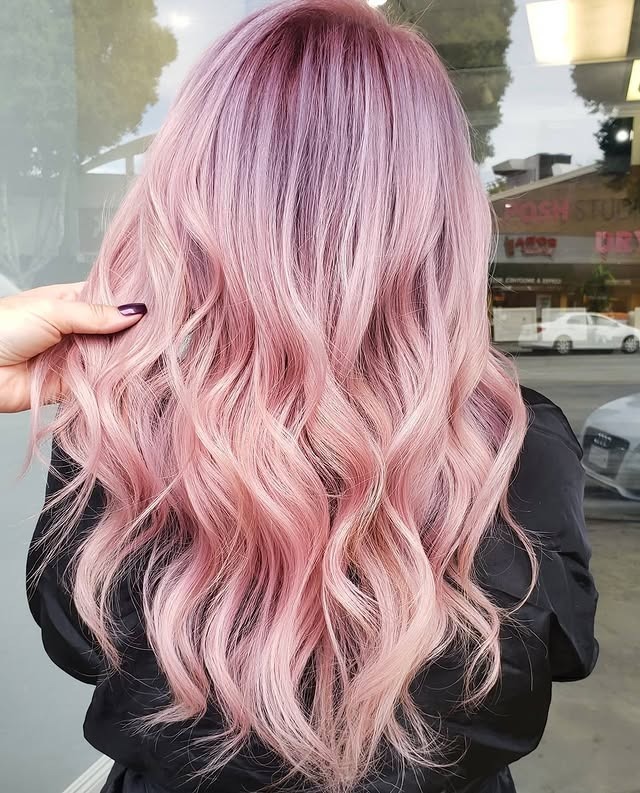 17. Dusty Pink Balayage Waves - Pink Hair Color