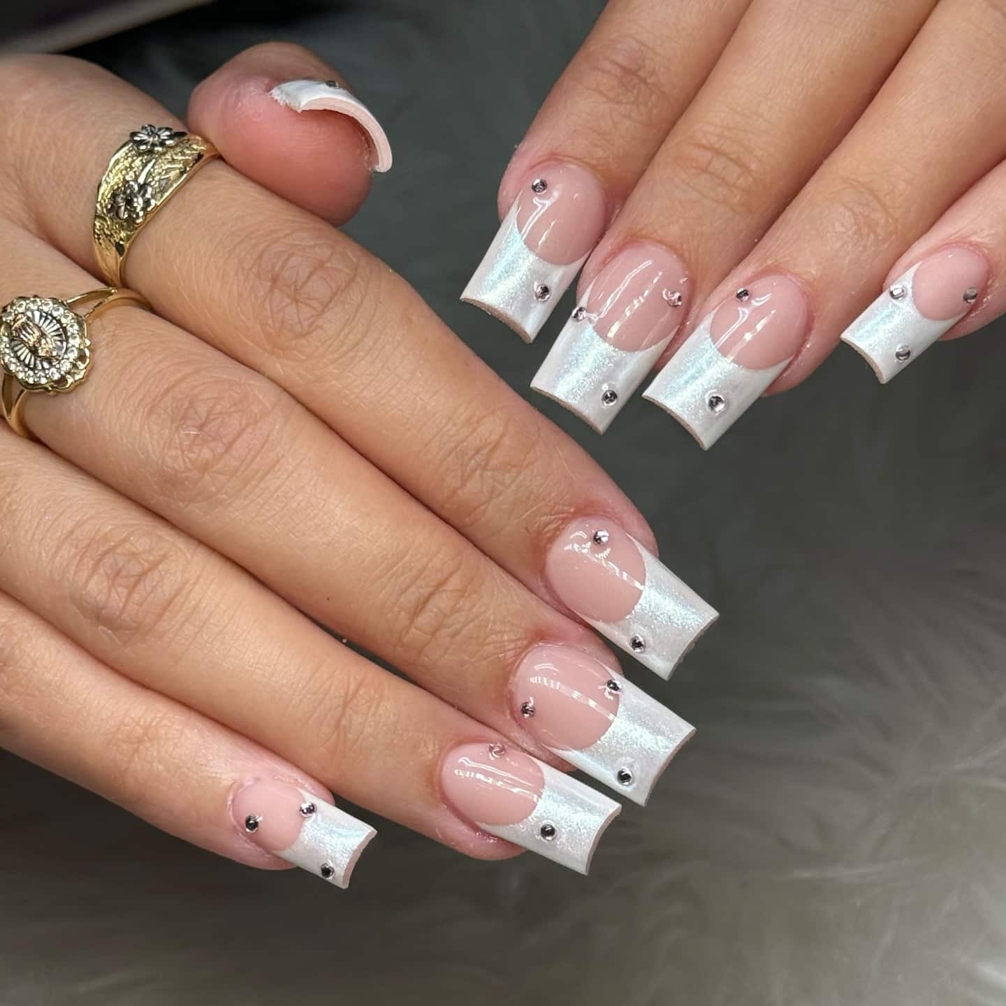 1. White Chrome French Square Nails with Crystal Accents - white chrome nail ideas