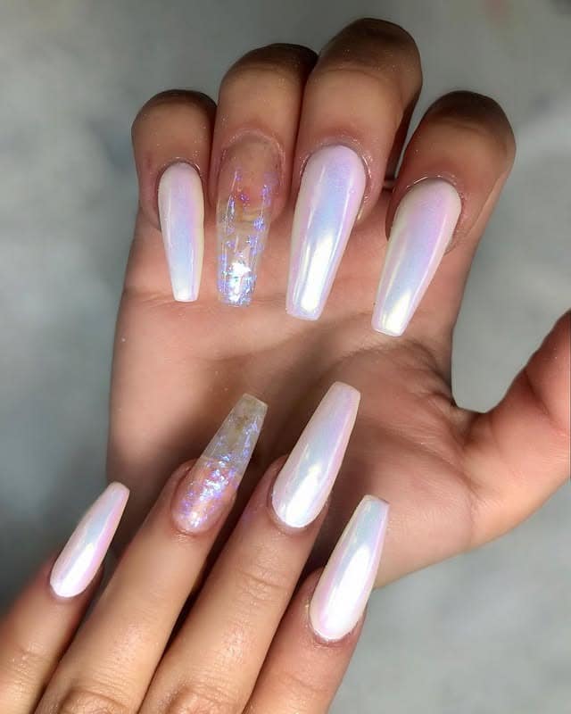 5. Iridescent White Chrome Coffin Nails with Accent Nail - white chrome nail ideas