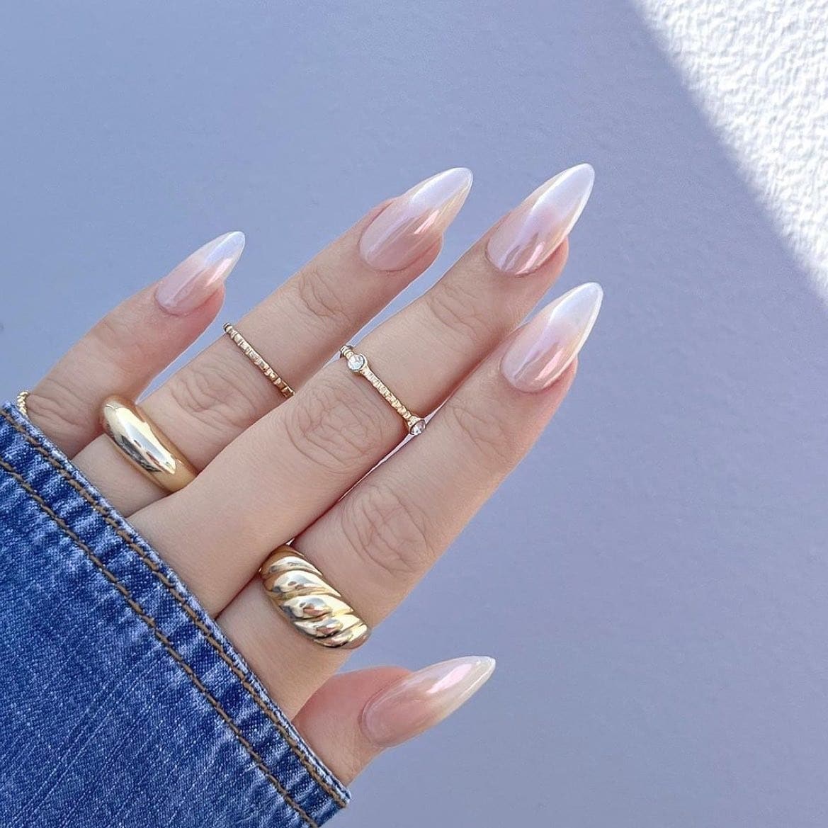 6. Soft White Chrome Almond Nails with Gloss Finish - white chrome nail ideas