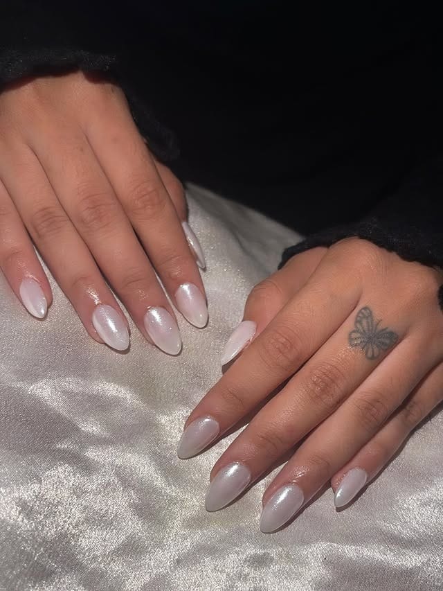 12. White Chrome Almond Nails on Milky Base - white chrome nail ideas