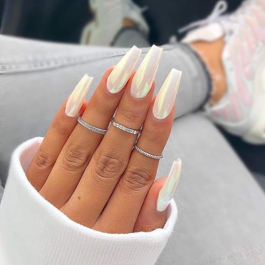 16. Long Coffin White Chrome Nails with Iridescent Shift - white chrome nail ideas