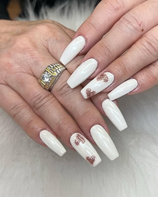 17. White Chrome Coffin Nails with Rose Gold Heart Accents - white chrome nail ideas