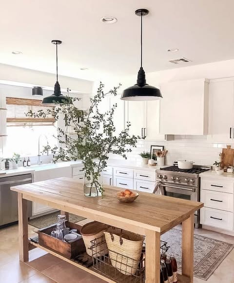 4. Modern Farmhouse Kitchen with Natural Wood Island - farmhouse kitchen ideas