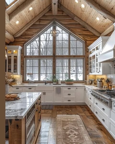 9. Lodge-Style Farmhouse Kitchen with Natural Wood Surrounds - farmhouse kitchen ideas