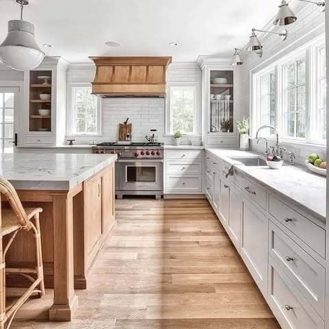 11. Light Wood and Soft Gray Farmhouse Kitchen - farmhouse kitchen ideas