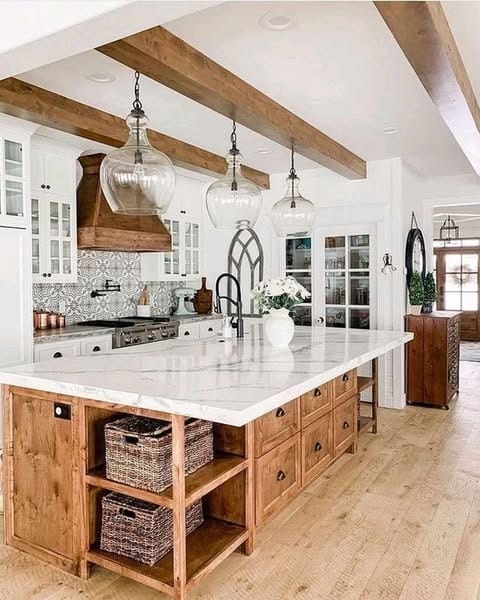 12. White and Natural Wood Farmhouse Kitchen with Exposed Beams - farmhouse kitchen ideas