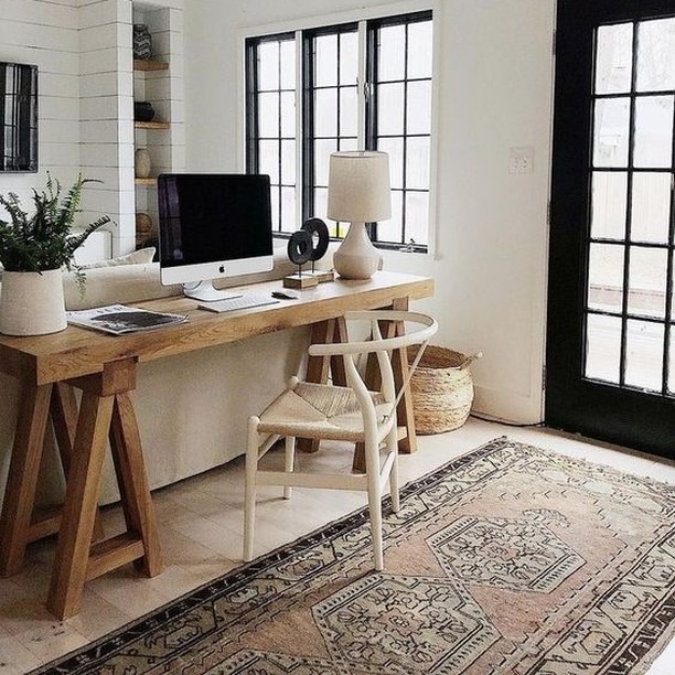 1. Light-Filled Scandinavian Desk in Soft Neutrals - simple home office ideas
