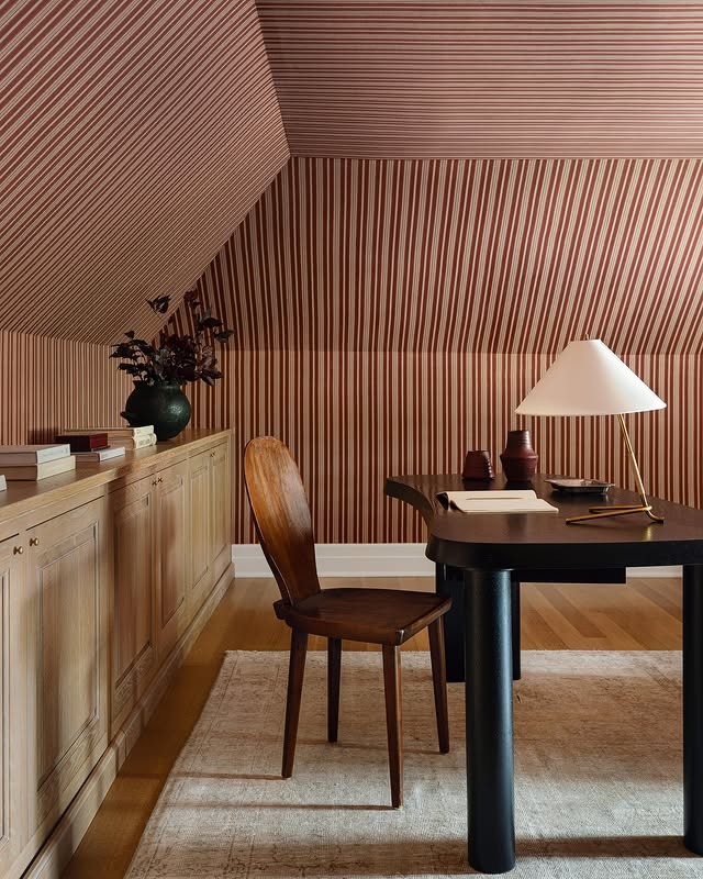 2. Warm Striped Study with Earthy Reds and Browns - simple home office ideas