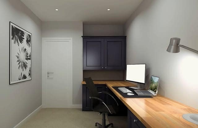 3. Compact Built-In Office in Charcoal and Natural Wood - simple home office ideas