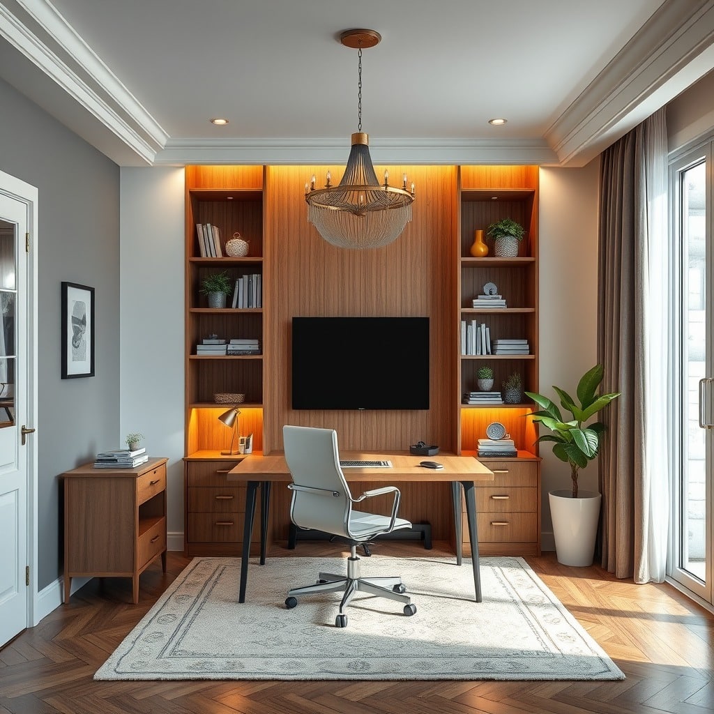 4. Classic Home Office with Rich Wood and Soft Gray - simple home office ideas