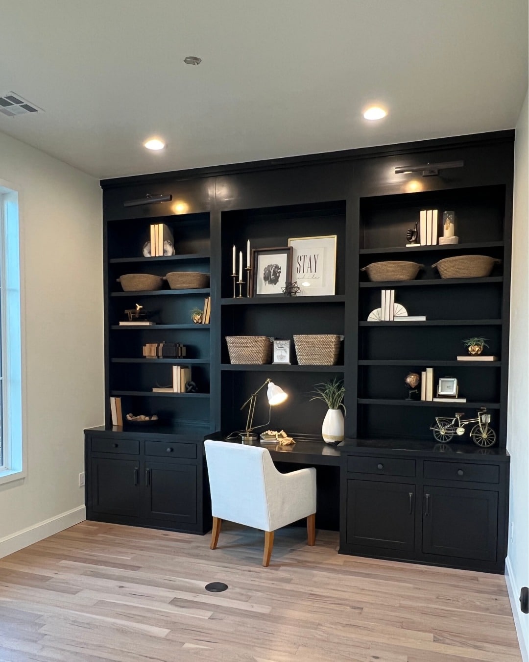 6. Moody Built-In Desk with Black Cabinetry - simple home office ideas