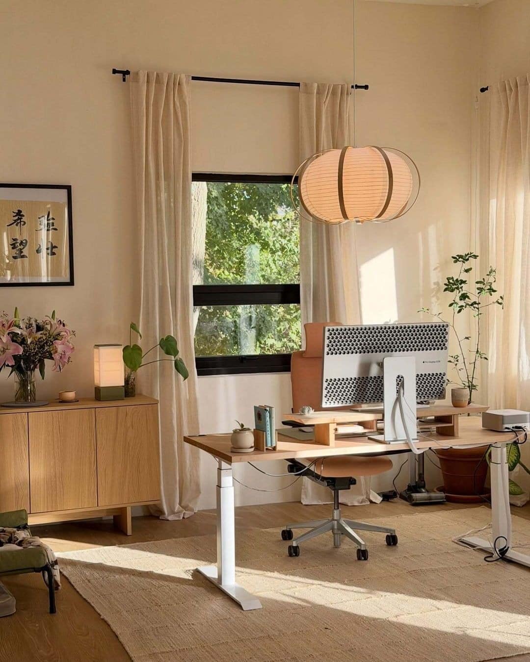 9. Bright Adjustable Desk with Natural Wood and Cream - simple home office ideas