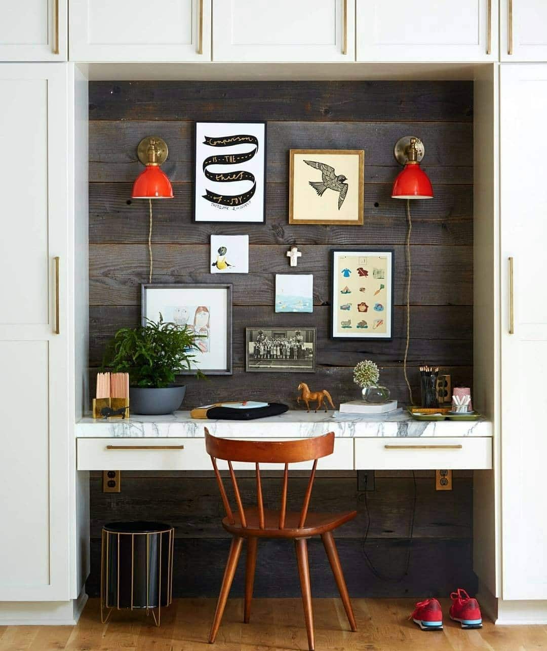 10. Art-Focused Built-In Desk with White and Dark Wood - simple home office ideas