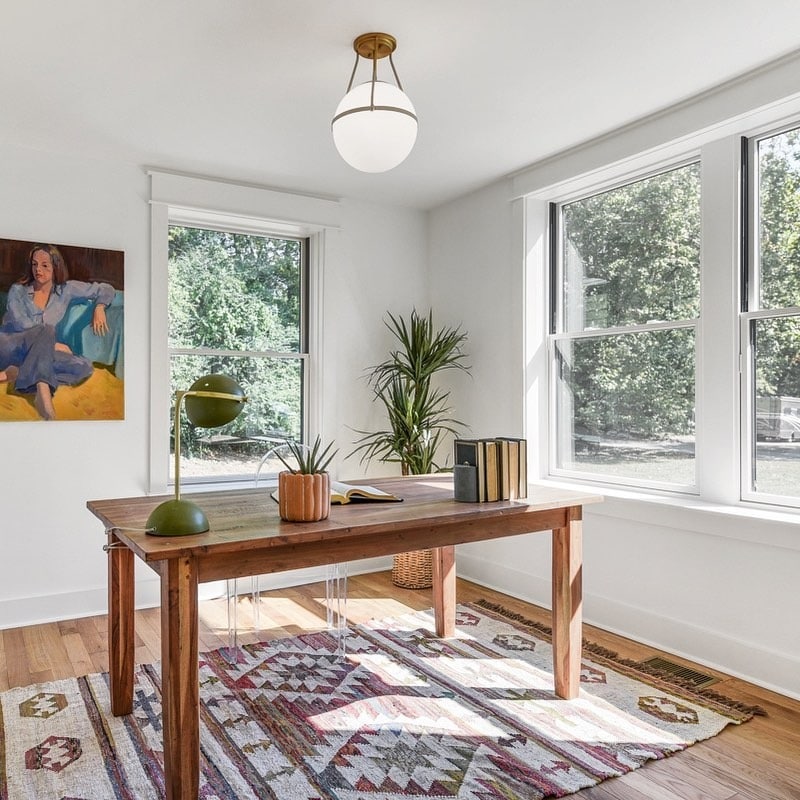 11. Bright Traditional Workspace with Warm Wood and White - simple home office ideas