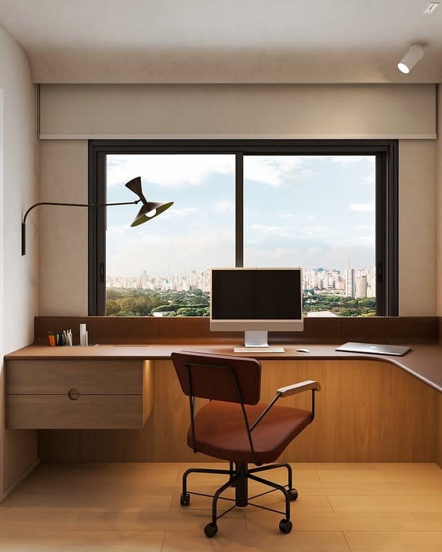 12. City-Facing Built-In Desk in Soft Brown and Cream - simple home office ideas