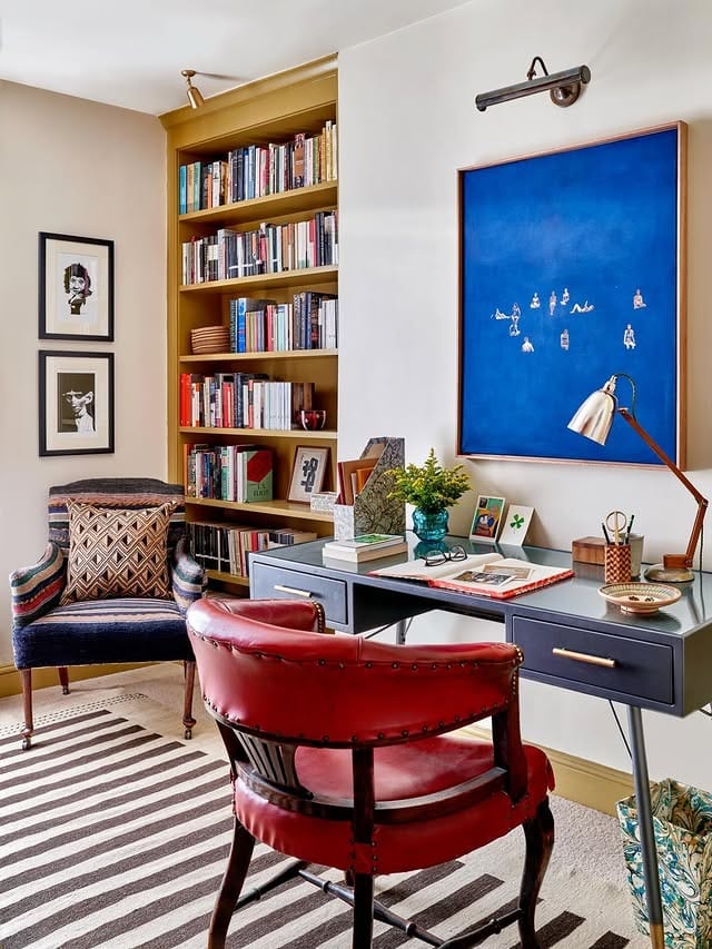 13. Collected Study with Navy Accents and Rich Red Leather - simple home office ideas