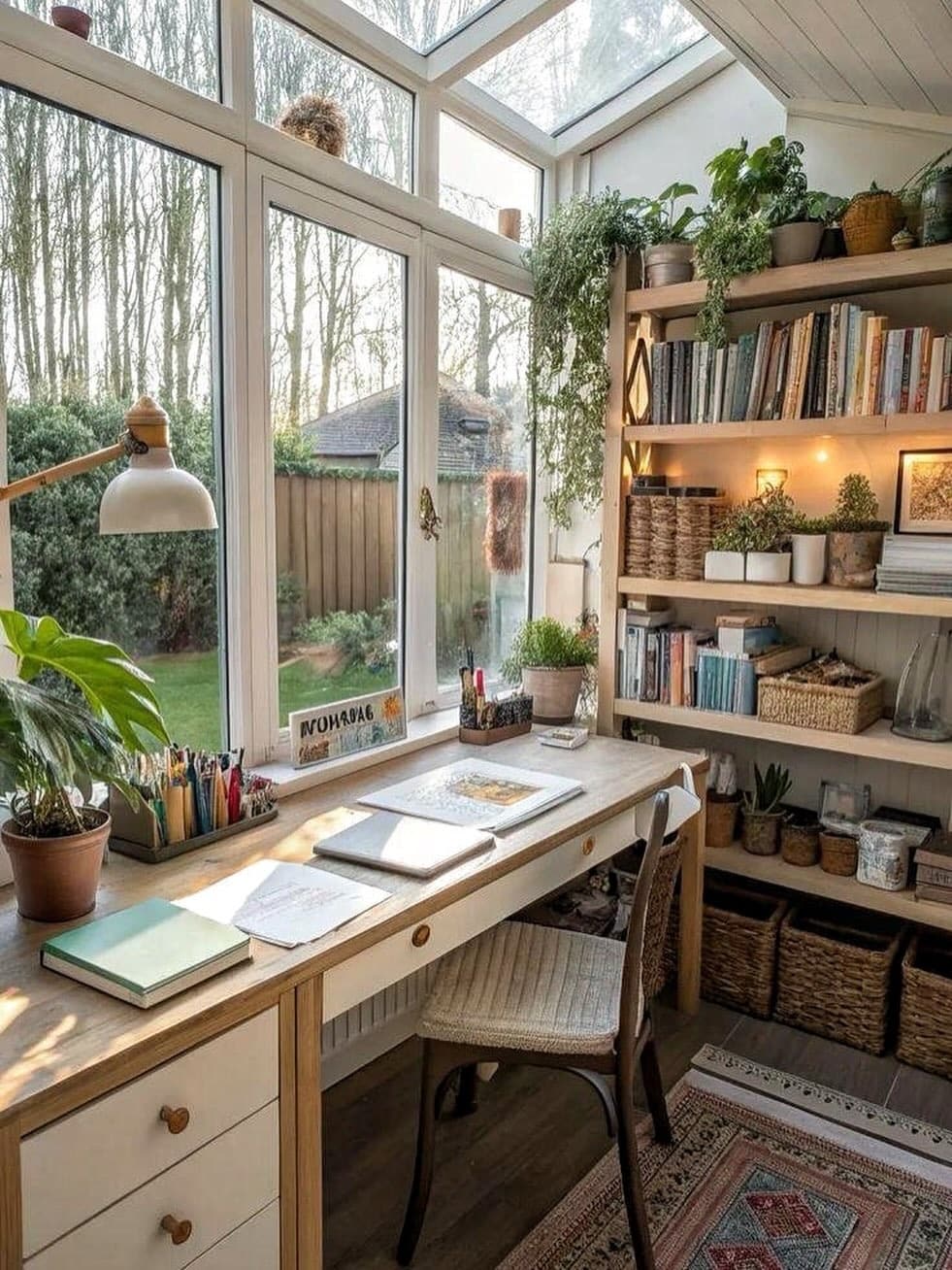 15. Contemporary Built-In Office with Blue and Light Wood - simple home office ideas