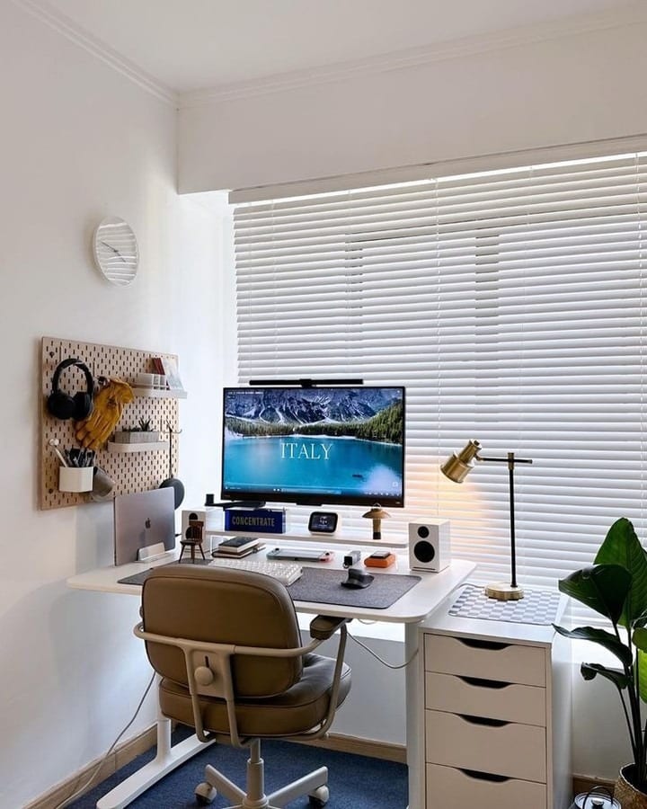 17. Minimal Desk Nook with Gray Paneling and Black Accents - simple home office ideas