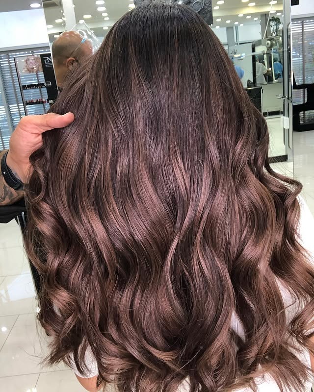 6. Deep Honey Brown Glossy Waves - Honey Brown Hair  Color