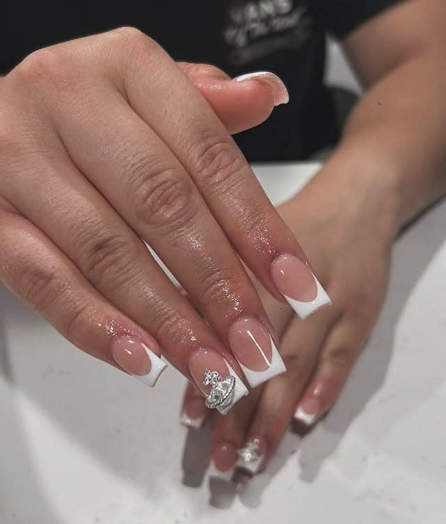 6. Minimal French Short Square Nails with Rhinestone Detail - white short nail ideas