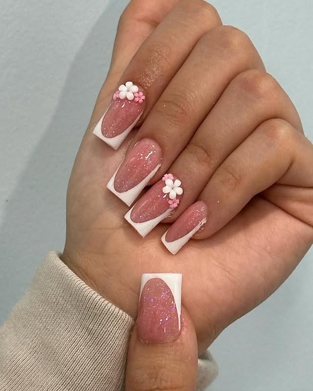 9. Pink Base French Short Nails with 3D Floral Art - white short nail ideas