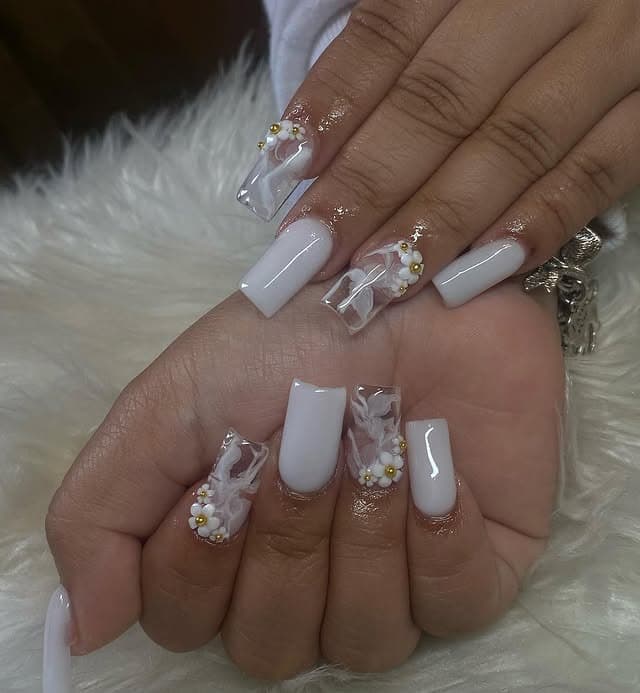 12. White Short Square Nails with Sculpted Floral Art - white short nail ideas
