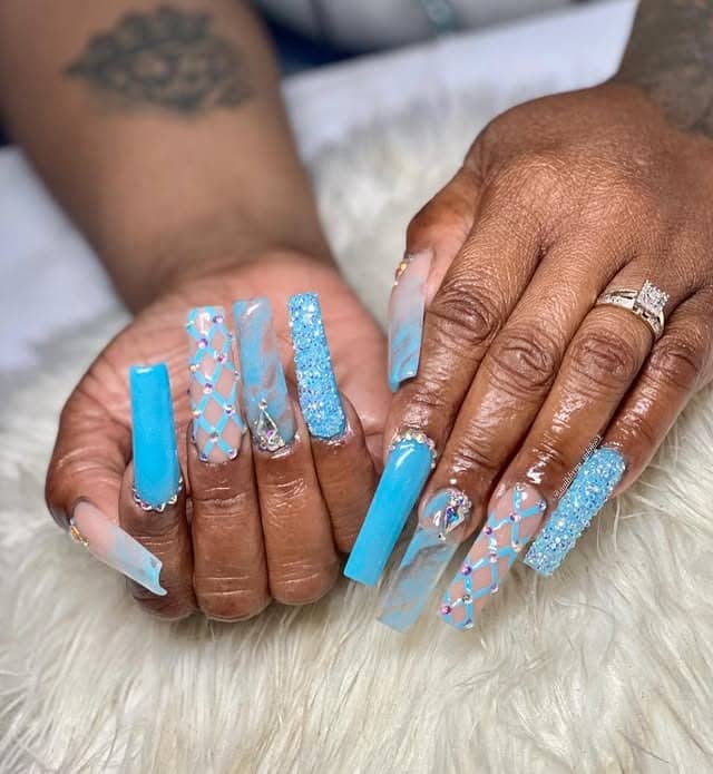 2. Crystal Aqua Blue XL Coffin Nails - aqua blue nail ideas