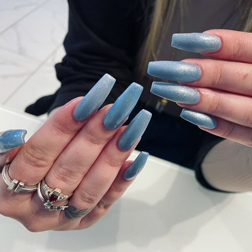 9. Shimmering Aqua Blue Matte Coffin Nails - aqua blue nail ideas