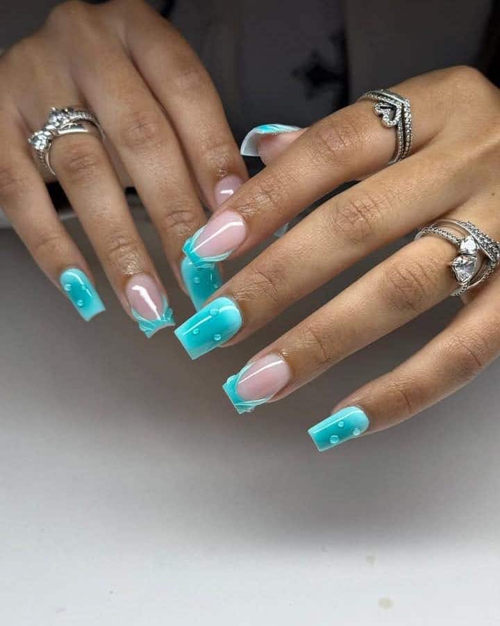11. Sculpted Aqua Blue French Tip Square Nails - aqua blue nail ideas