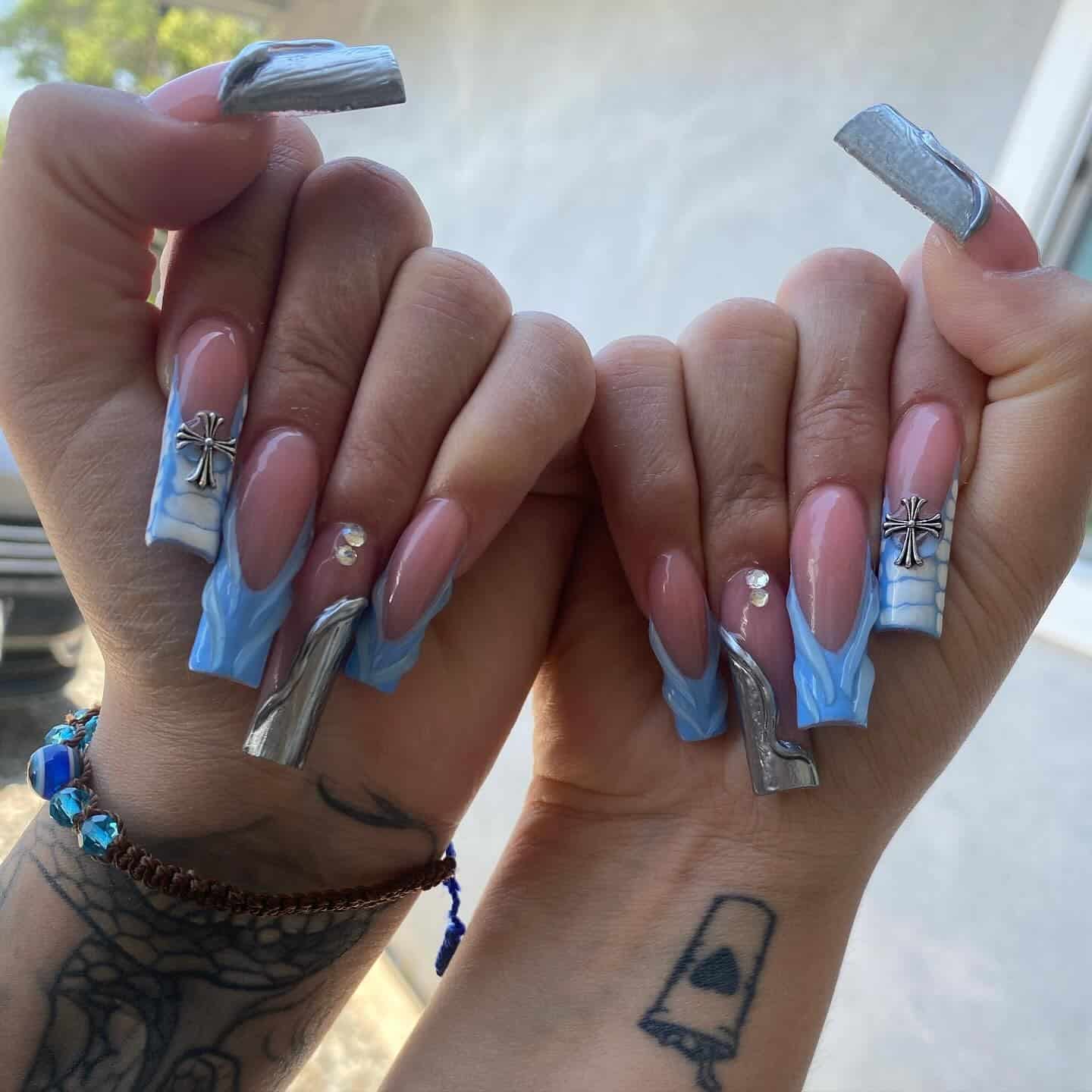 12. Aqua Blue Mixed Media Coffin Nails with Metallic Accents - aqua blue nail ideas