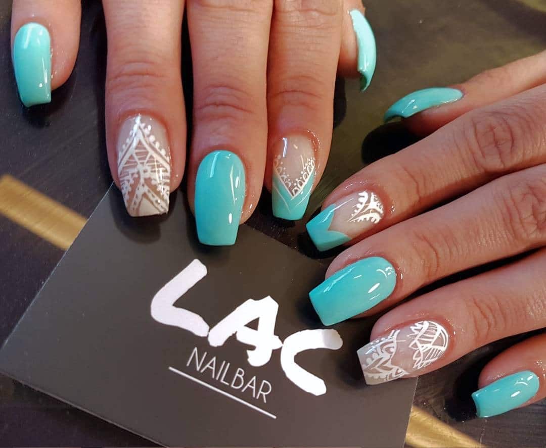 18. Aqua Blue and Nude Lace Accent Nails - aqua blue nail ideas