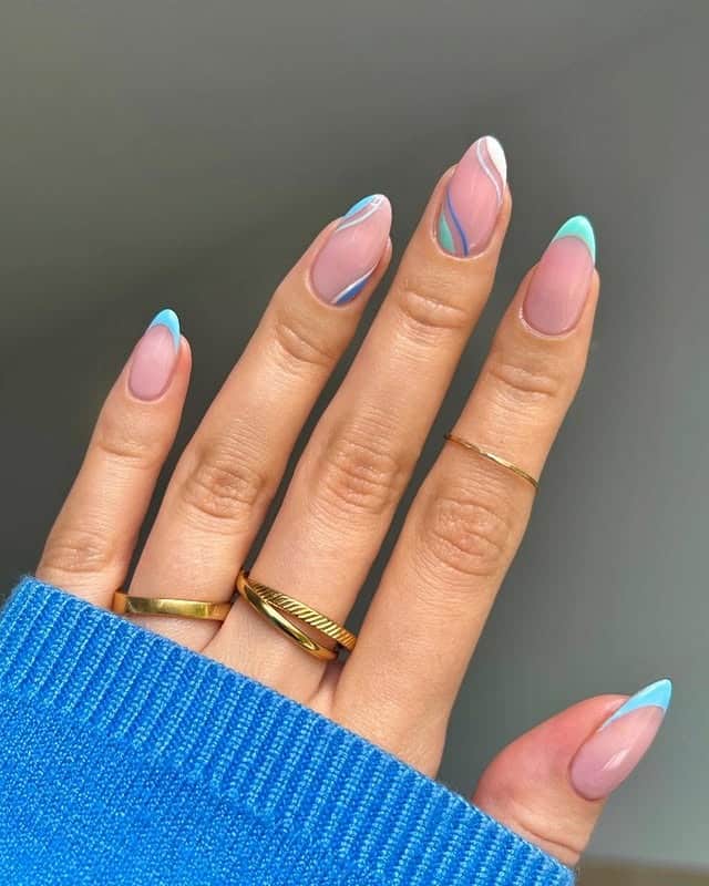 21. Aqua Blue Micro French Almond Nails with Line Art - aqua blue nail ideas