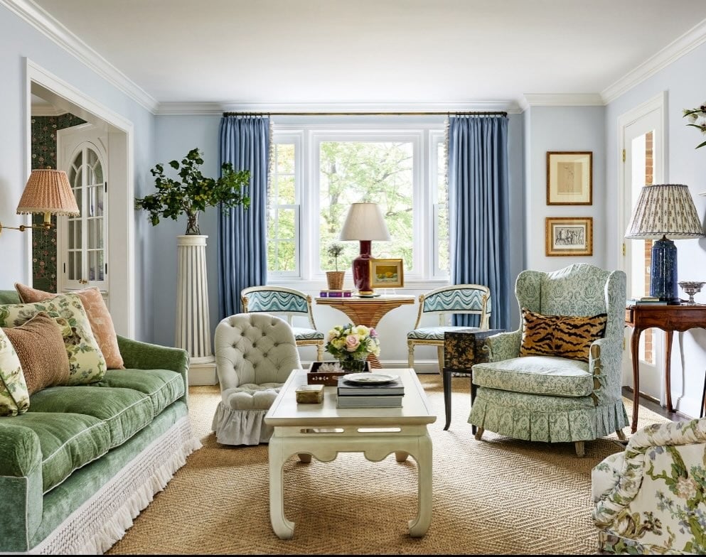4. Traditional Charm in Soft Green and Blue - warm and cozy living room ideas
